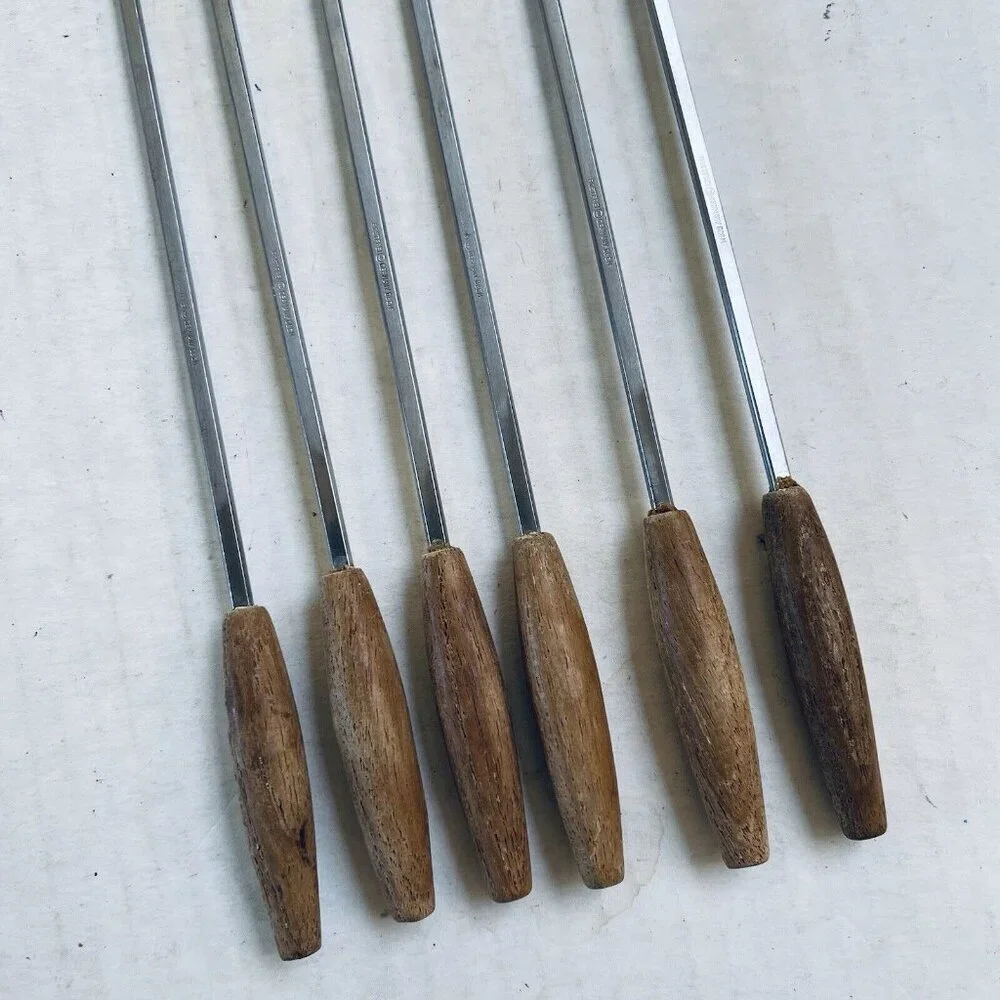 Rostfrei Fondue Forks Germany Stainless Steel 2 Prong Wood Handles Mid Century